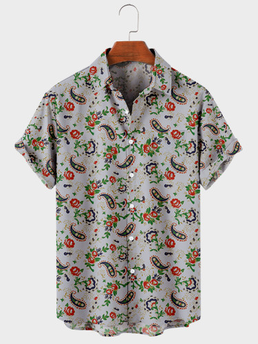 Mens Paisley Dress Shirt Floral Print Short Sleeve Button Down 70s Pattern Shirt