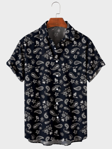 Mens Paisley Shirt Floral Print Short Sleeve Hawaiian Shirts Button Down Beach Shirts Black