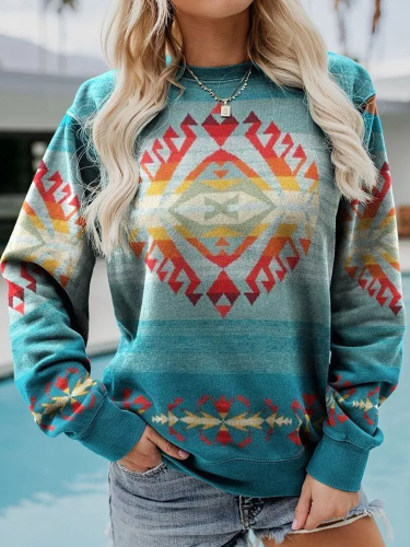 2022 Women's Aztec Africa Native Ethnic Geometric Pattern Long Sleeve Sweatshirt