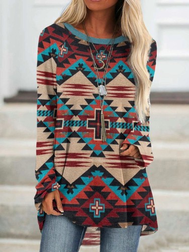 Womens Aztec Tribal Southest Red Area Geometric Pattern Crew Neck Long Sleeve T-Shirt