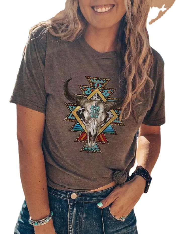 2022 Women's Aztec Cow Skull Africa Native Ethnic Geometric Pattern Short Sleeve T-Shirt