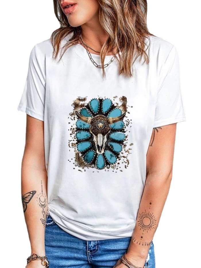 Womens Aztec Tribal Southest Cow Skull Pattern Crew Neck Short Sleeve T-Shirt