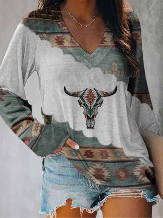 2022 Women's Aztec Native American Cow Skull Blue Area Long Sleeve V-Neck T-Shirt
