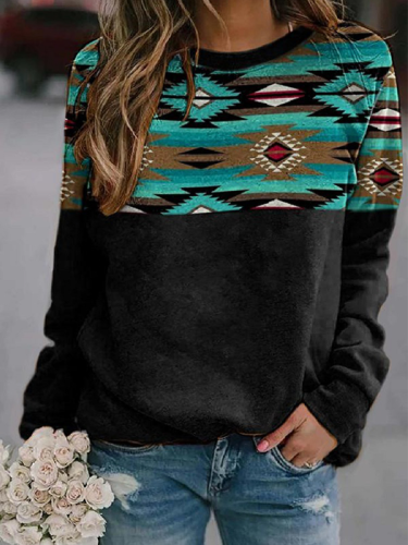 Women's Western Wear Lover Aztec Pattern Style Long Sleeve Sweatshirt Black Aztec