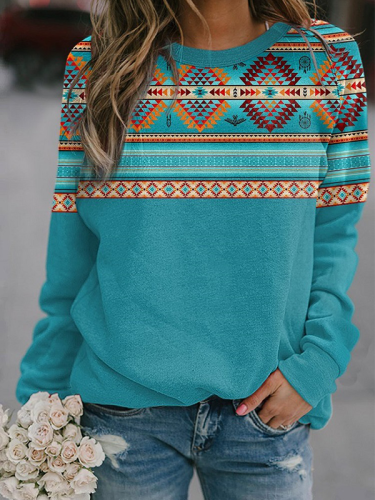 Women's Western Wear Lover Aztec Pattern Style Long Sleeve Sweatshirt Crew Neck Blue