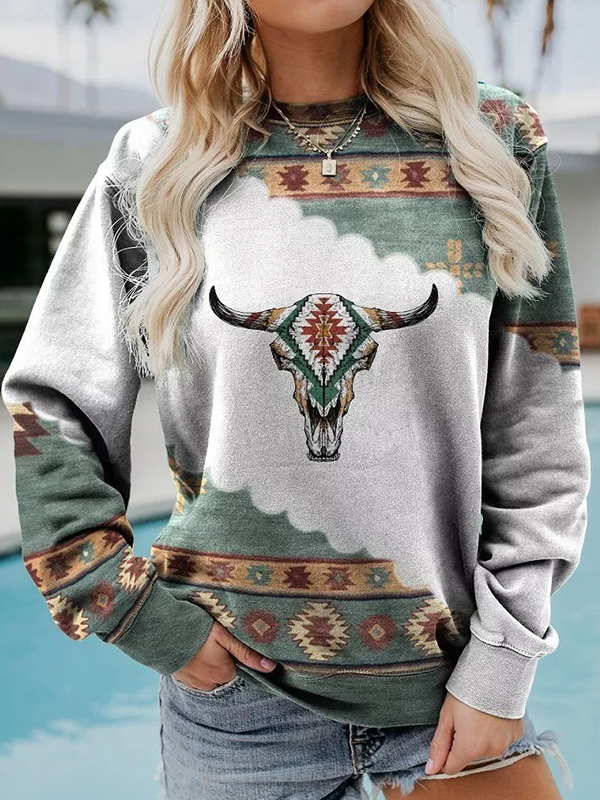 Women's Aztec Geometric Ethnic Indian Pattern Long Sleeve Sweatshirt Aztec Cow Skull Shirt