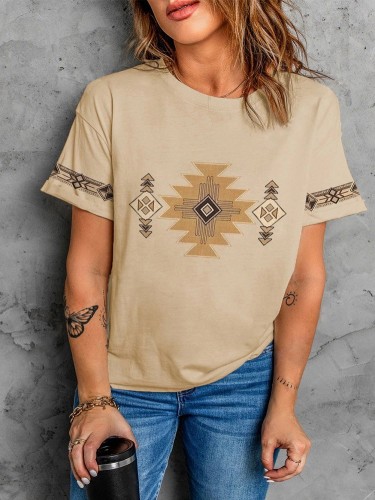 2022 Women's Aztec Western Ethnic Khaki Short Sleeve T-Shirt