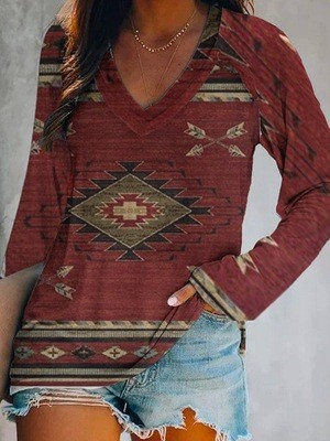 Women's Aztec Enthic Geometric Red Area Pattern V Neck Long Sleeve T-Shirt