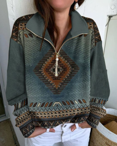 Womens Aztec Geometric Ethnic Retro Pattern Zipper Lapel Long Sleeve Casual T-Shirt Blue Casual Top