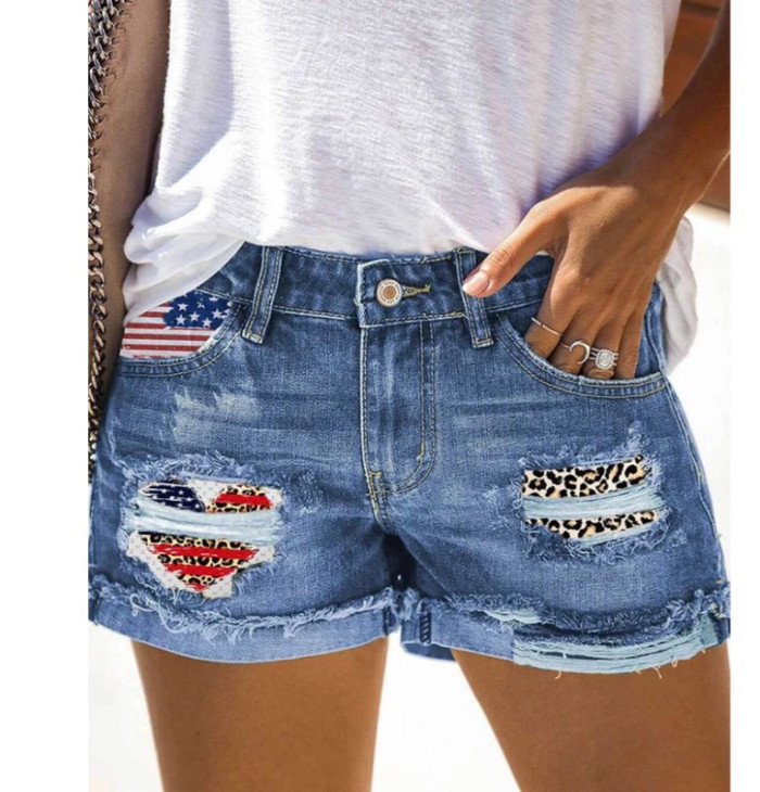 Women's Short Jean Cowboy Mid Rise Ripped with American Flag Pattern ...