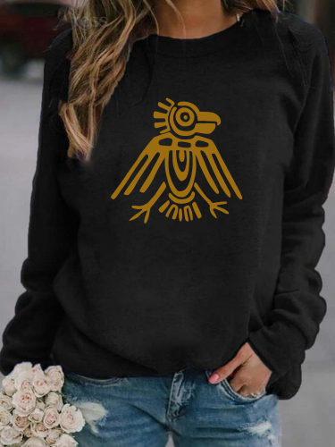 Soft Cotton Women's Sweatshirts Aztec Eagle Print Long Sleeve Round Neck Sweatshirt
