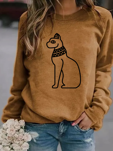 Cotton Women's Sweatshirts Aztec Cat Print Long Sleeve Round Neck Sweatshirt