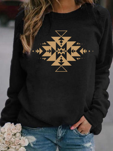 Soft Cotton Women's Sweatshirts Aztec Eagle Print Long Sleeve Round Neck Sweatshirt