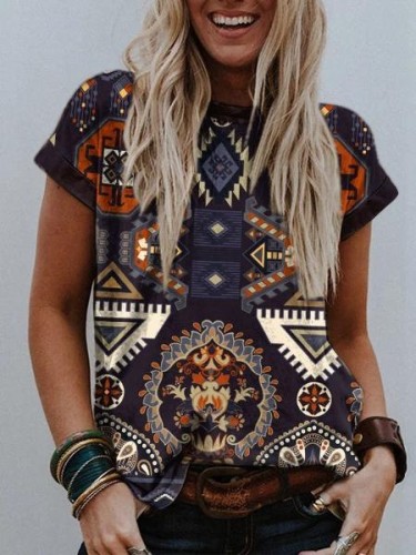 Womens Aztec Geometric Ethnic Western Style Short Sleeve Crew Neck T-Shirt