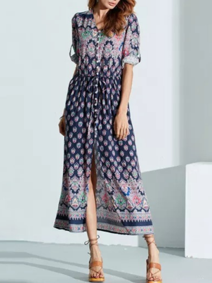 Women's Blue Bohemian Maxi Dress Boho Beach Dress Aztec Geometric Pattern V Neck Split Maxi Long Sleeve Cardigan Dress