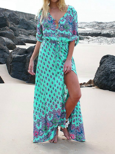 Women's Maxi Dress Bohemian Beach Dress Aztec Pattern V Neck Split Maxi Long Sleeve Dress