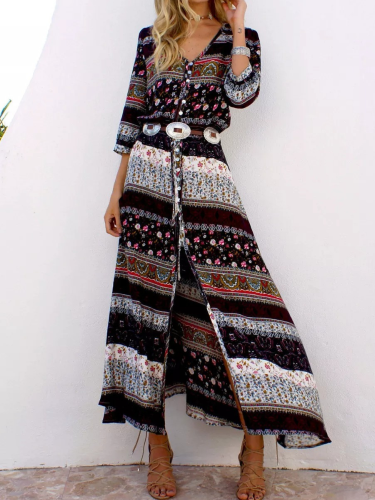 Women's Black Bohemian Maxi Dress Beach Dress Aztec Geometric Pattern V Neck High Waist Split Maxi Long Sleeve Cardigan Dress