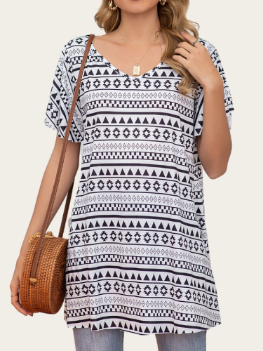 Women's Short Sleeve V Neck Dress Shirt Aztec Geometric Pattern Spring Outfits Top