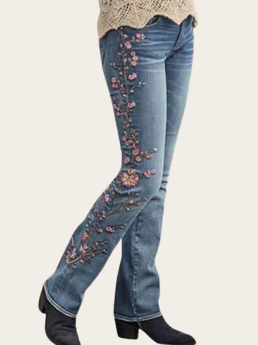 Women Mid-Rise Jean Floral Embroidered Cowboy Bootcut Jean