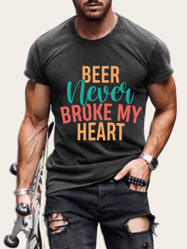 Men's Funnny Saying Beer Never Broken My Heart Shirt Short Sleeve Plus Size Casual Loose T-Shirt