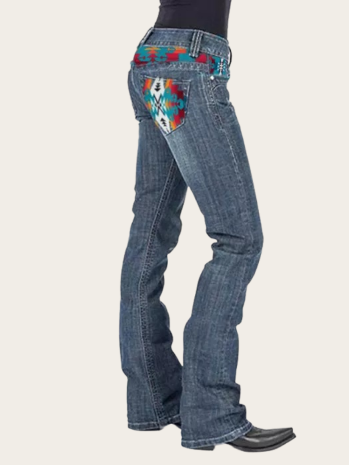 Women Grey Wash Denim High Rise Bootcut Jean with Aztec Geometric Pattern Back Pocket