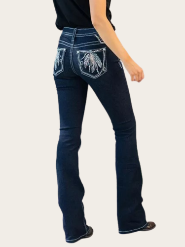 Women Low rise Western Feather Embroidery Flare Pull On Jeans