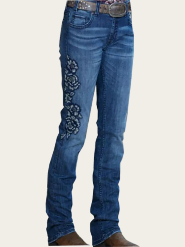 Women Embroidered Washed Slim Jeans Vintage Western Style Flower Embroidery Denim Zipper High Rise Bootcut Jeans