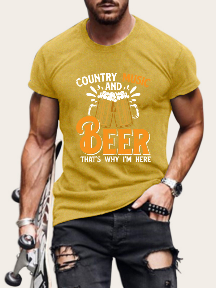 Men's Cowboy Country Music with Beer Pattern Short Sleeve T-Shirt Casual Loose Spring Summer Outfit