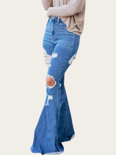 Womens Plus Size Jeans High Waist Ripped Flared Pants Hole Sexy Solid Casual Denim Trousers