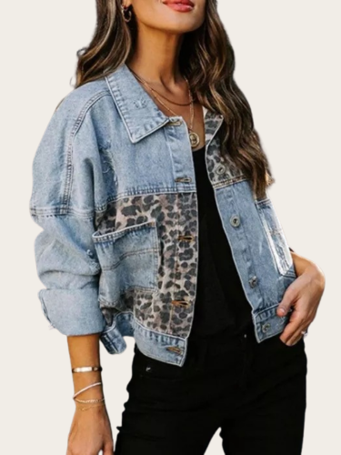 Womens Denim Jacket Leopard Print Blue Light Wash Button-Front Denim Jacket