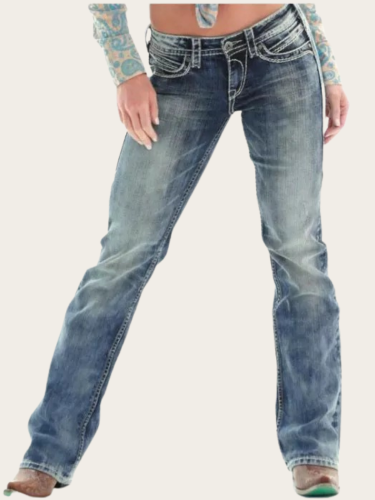 Women Mid Rise Ripped Bootcut Jeans Light Wash Blue Cowboy Western Bootcut Denim Jean