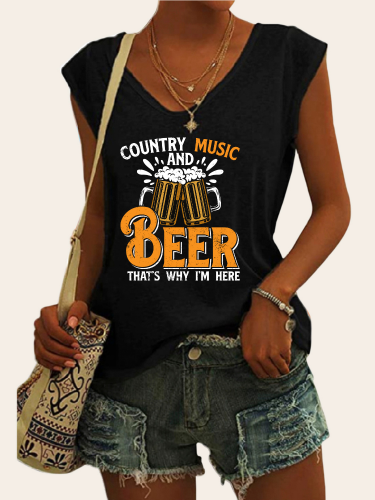 Women's Casual Loose T-Shirts Country Music with Beer Cowgirl Pattern V-Neck Sleeveless Tank Top