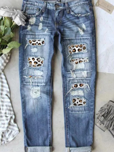 Women's Leopard Ripped Straight Jeans Low Rise Cut Out Bootcut Jean