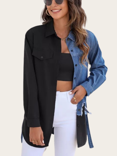 Womens Blue Black Color Matching Denim Shirt Light Weight Long Sleeve Lace Up Lapel Denim Shirt