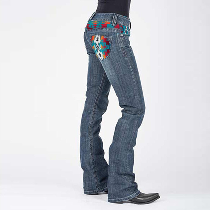 Women Grey Wash Denim High Rise Bootcut Jean with Aztec Geometric Pattern Back Pocket