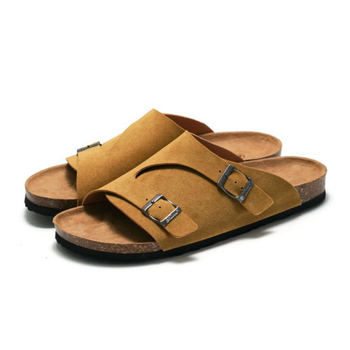 Cork Slippers Male Couples Unisex Big Buckle Sandals And Slippers Beach Shoes PU Leather