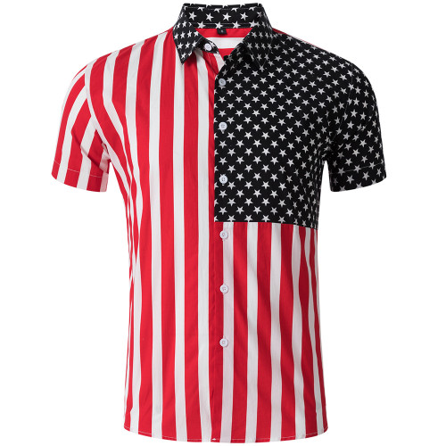 Mens Beach Hawaiian Shirt Button Down Casual Short Sleeve Stripe Star Flag Printed T-Shirt