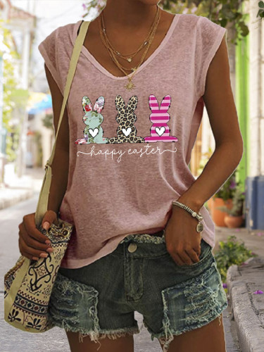 Women's Casual Loose T-Shirts Happy Easter with Cartoon Rabbit V-Neck Sleeveless Tank Top