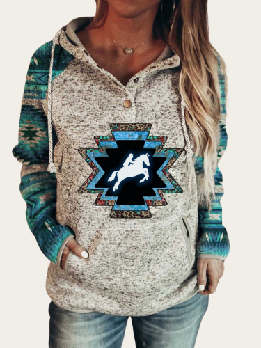 2022 Women's Aztec Blue Cowboy Redeo Horse Aztec Print Hoodie with Pocket Aztec Sweatshirt