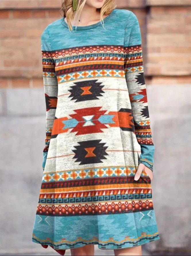Aztec Bohemian Geometric Pattern Blue Casual Crew Neck A Line Loose Womens Midi Dress