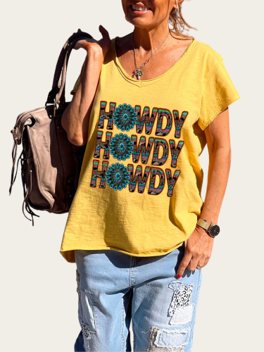 Western Howdy Pattern T Shirt Women's Causal Loose Short Sleeve Top Spring Plus Size Shirt