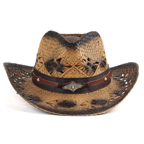 Summer Western Cowboy Hat Men Handmade Straw Sun Hat Outdoor Jazz Beach Hat Sombrero Hollow Out Decor Design