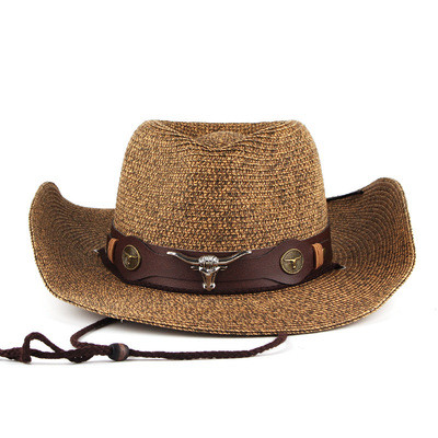 Summer Western Cowboy Hat Men Handmade Straw Sun Hat Outdoor Jazz Beach Cowgirl Hat Sombrero Cow Skull Decor Design