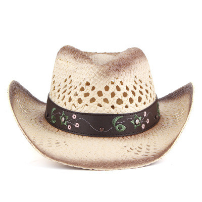 Summer Western Cowboy Hat Men Handmade Straw Sun Hat Outdoor Jazz Beach Cowgirl Hat Sombrero Hollow Out & Ethnic Embroidered Floral Decor Design