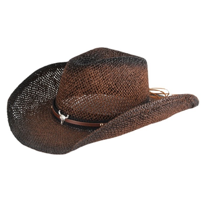 Western Cowboy Hat Men Handmade Straw Sun Hat Outdoor Jazz Beach Cowgirl Hat Sombrero Cow Skull Decor Design