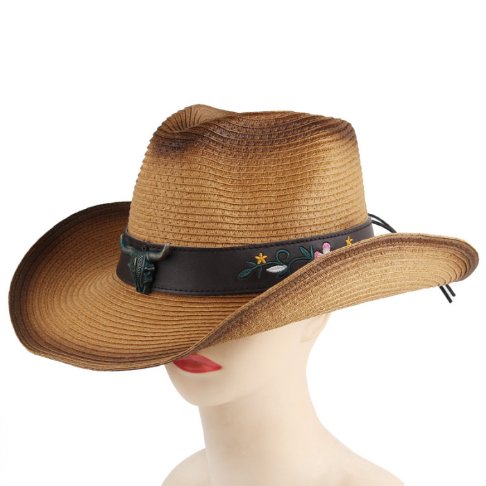 Summer Western Cowboy Hat Men Handmade Straw Sun Hat Outdoor Jazz Beach Cowgirl Hat Sombrero Cow Skull & Ethnic Embroidered Floral Decor Design