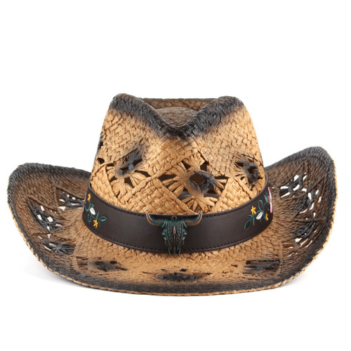 Summer Western Cowboy Hat Men Handmade Straw Sun Hat Outdoor Jazz Beach hat Sombrero Hollow Out & Cow Decor Design