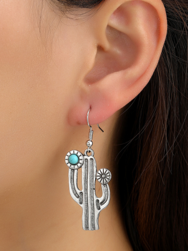 Vintage Cactus Boho Earrings for Women Handmade Carving Pattern Round Turquoise Dangle Earring