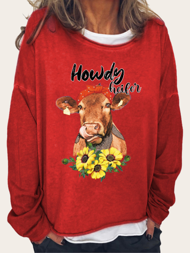 Cow with Rose Women's Western Style  Long Sleeve Loose Cutting Plus Size Spring/Fall Sweatshirt
