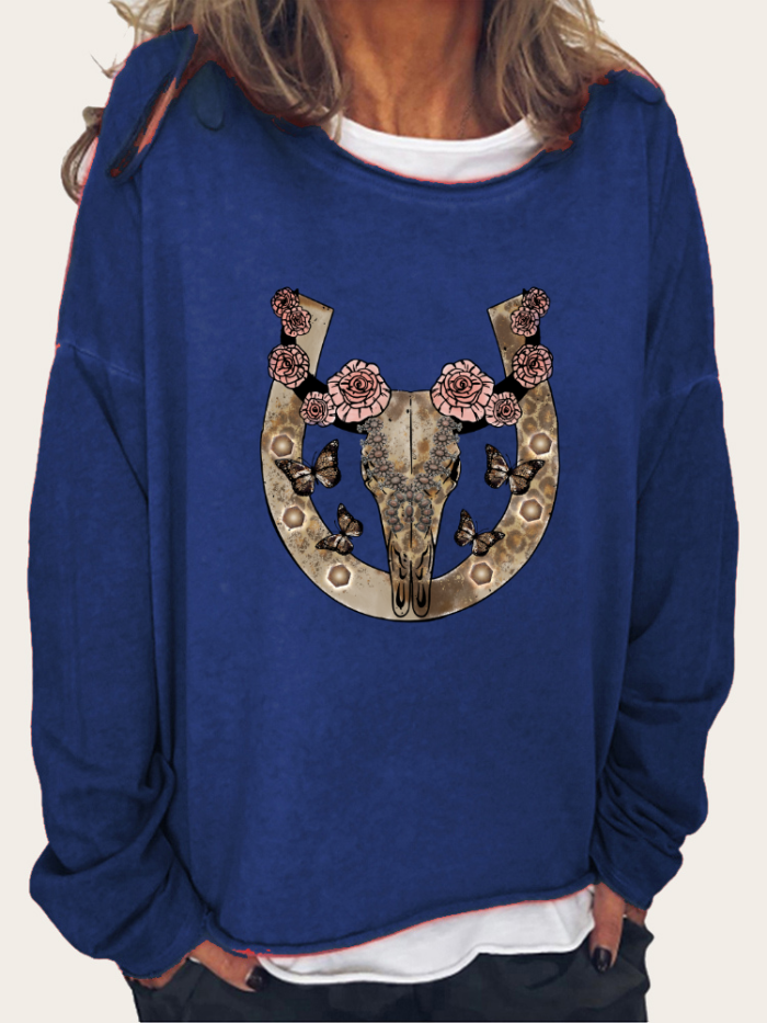 Aztec Cow Skull with Rose Women's Western Style  Long Sleeve Loose Cutting Plus Size Sweatshirt